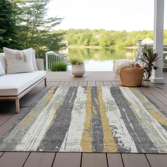 Gold And Gray Striped Washable Indoor Outdoor Area Rug Photo 5