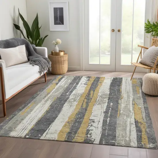 Gold And Gray Striped Washable Indoor Outdoor Area Rug Photo 7