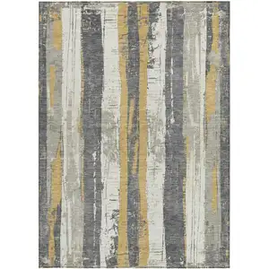 Photo of Gold And Gray Striped Washable Indoor Outdoor Area Rug