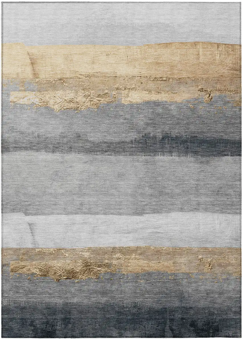 Gold And Gray Striped Washable Indoor Outdoor Area Rug Photo 1