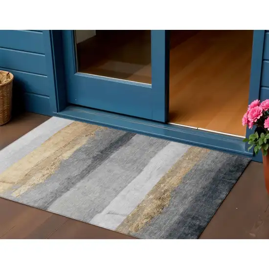 Gold And Gray Striped Washable Indoor Outdoor Area Rug Photo 2