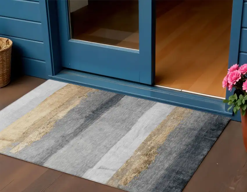 Gold And Gray Striped Washable Indoor Outdoor Area Rug Photo 2