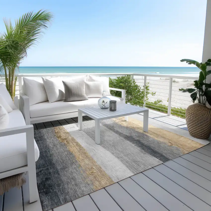 Gold And Gray Striped Washable Indoor Outdoor Area Rug Photo 5