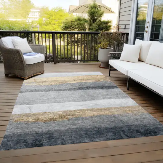 Gold And Gray Striped Washable Indoor Outdoor Area Rug Photo 8