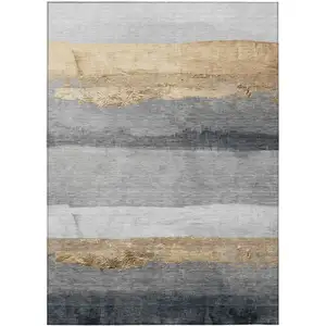 Photo of Gold And Gray Striped Washable Indoor Outdoor Area Rug