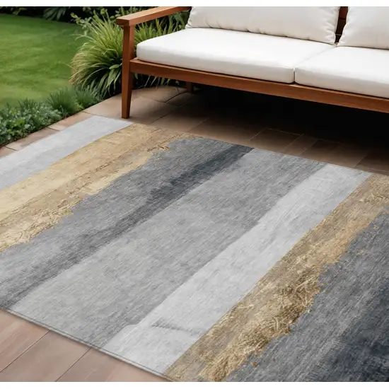 Gold And Gray Striped Washable Indoor Outdoor Area Rug Photo 2