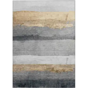 Photo of Gold And Gray Striped Washable Indoor Outdoor Area Rug