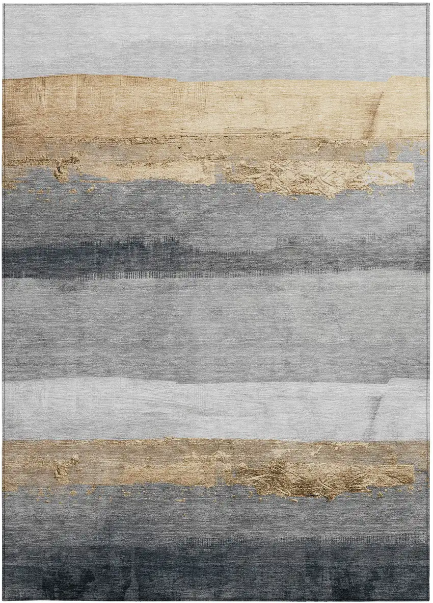 Gold And Gray Striped Washable Indoor Outdoor Area Rug Photo 1
