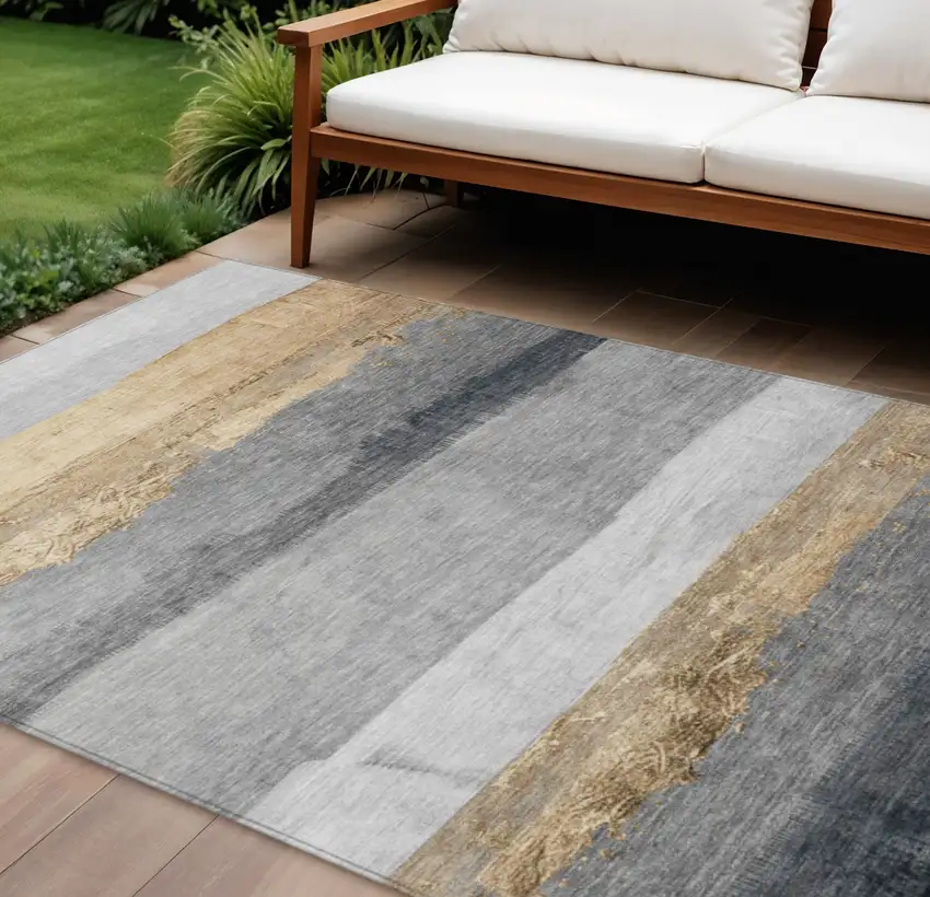 Gold And Gray Striped Washable Indoor Outdoor Area Rug Photo 2