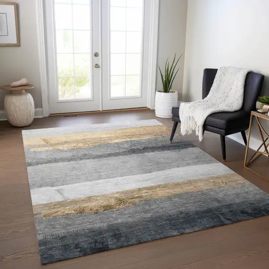 Gold And Gray Striped Washable Indoor Outdoor Area Rug Photo 5