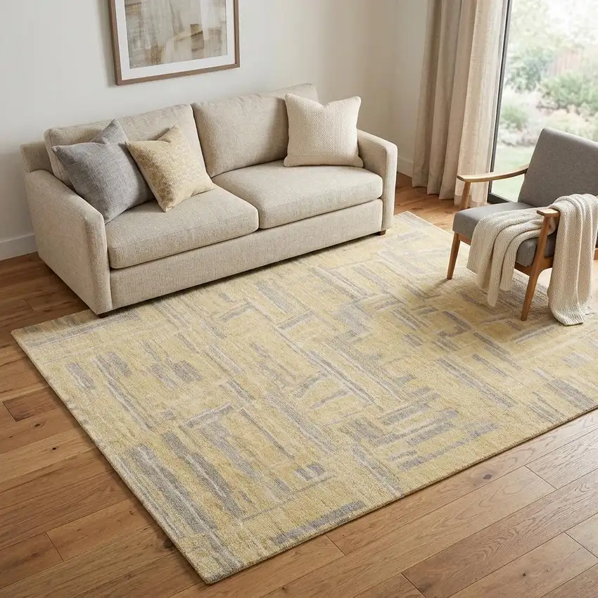 Gold And Gray Wool Abstract Hand Knotted Area Rug Photo 1