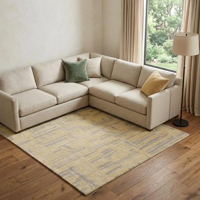 Gold And Gray Wool Abstract Hand Knotted Area Rug Photo 1