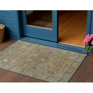 Photo of Gold And Green Floral Washable Indoor Outdoor Area Rug