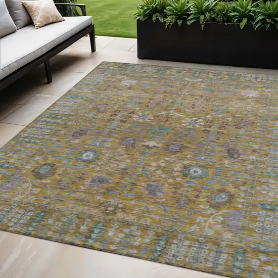 Gold And Green Floral Washable Indoor Outdoor Area Rug Photo 1