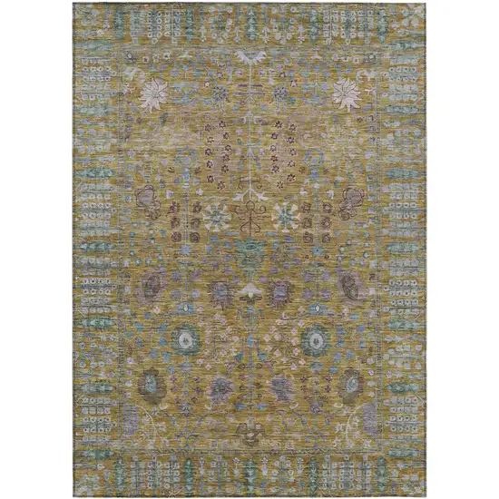 Gold And Green Floral Washable Indoor Outdoor Area Rug Photo 2