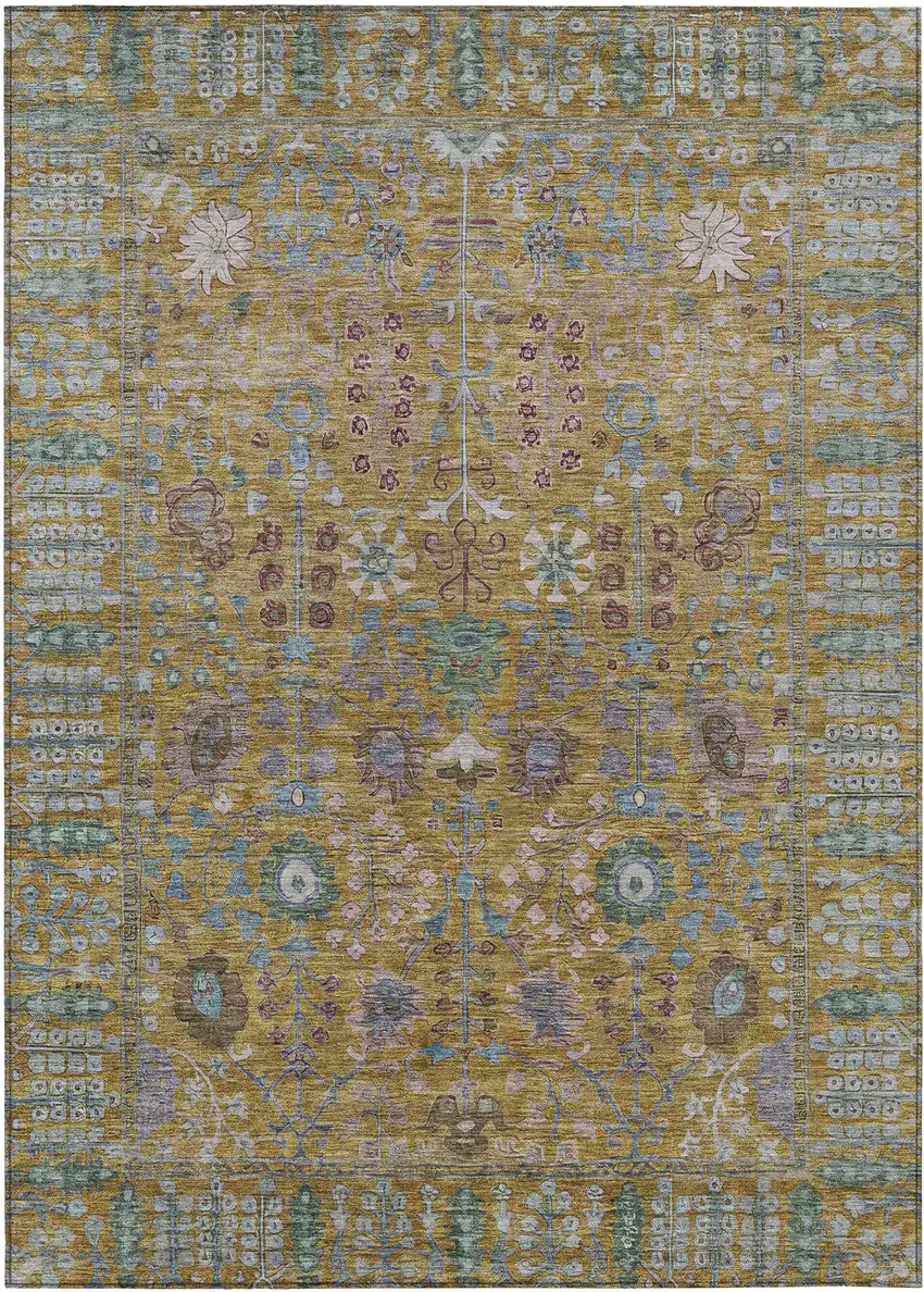 Gold And Green Floral Washable Indoor Outdoor Area Rug Photo 2