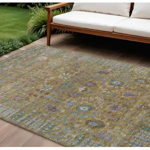 Photo of Gold And Green Floral Washable Indoor Outdoor Area Rug
