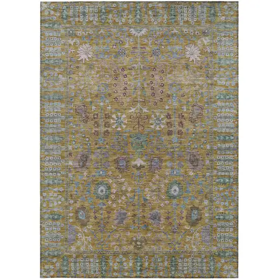 Gold And Green Floral Washable Indoor Outdoor Area Rug Photo 3