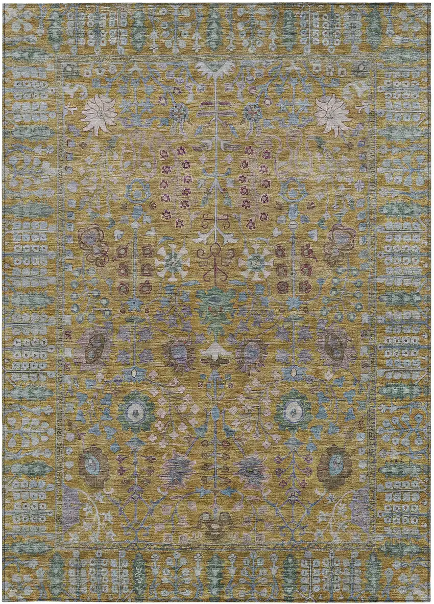 Gold And Green Floral Washable Indoor Outdoor Area Rug Photo 3