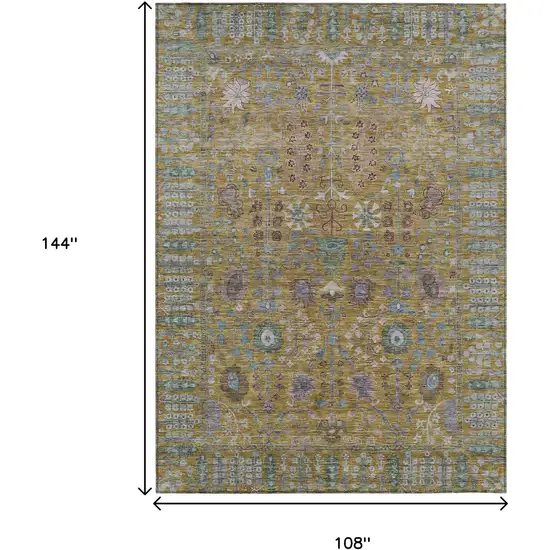Gold And Green Floral Washable Indoor Outdoor Area Rug Photo 3