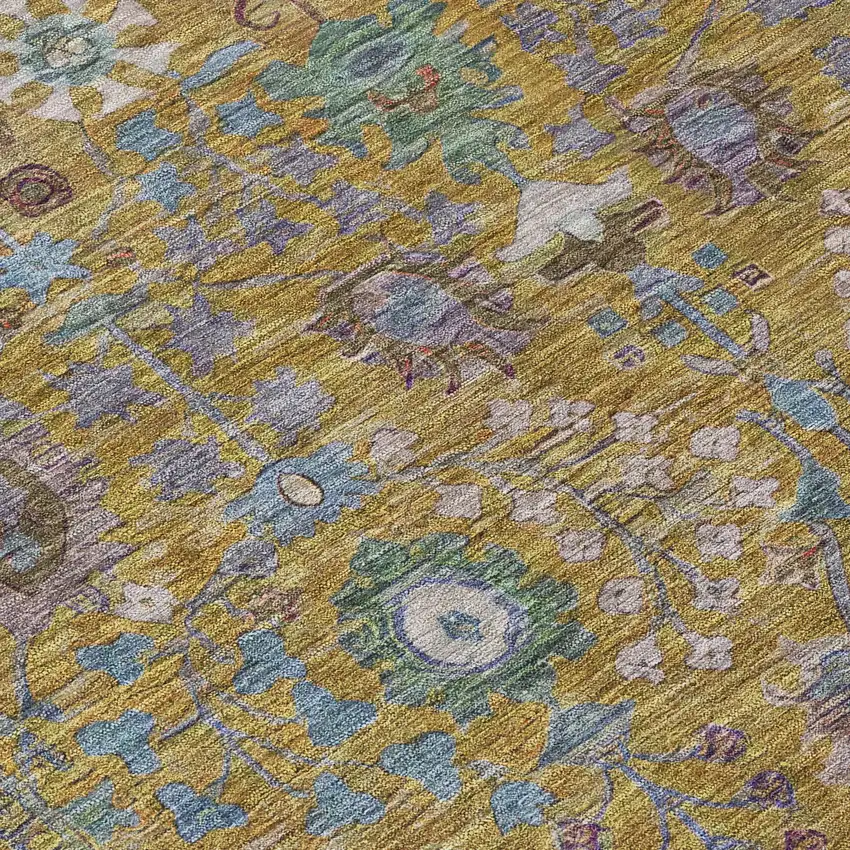 Gold And Green Floral Washable Indoor Outdoor Area Rug Photo 5