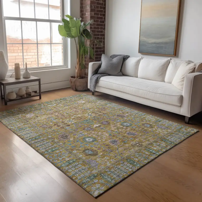 Gold And Green Floral Washable Indoor Outdoor Area Rug Photo 8