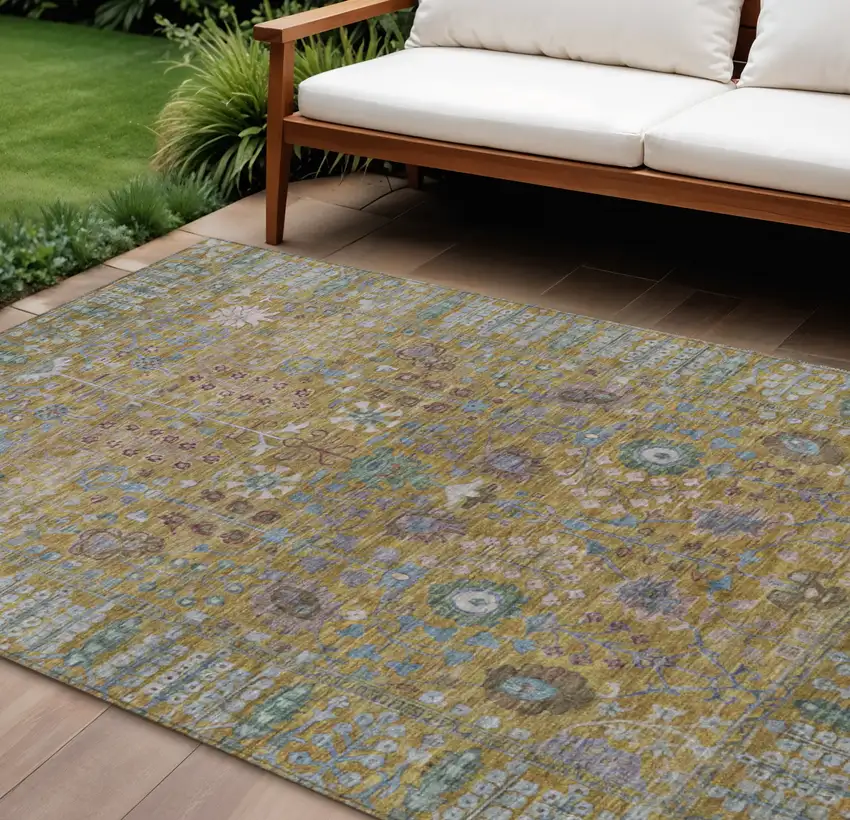 Gold And Green Floral Washable Indoor Outdoor Area Rug Photo 1