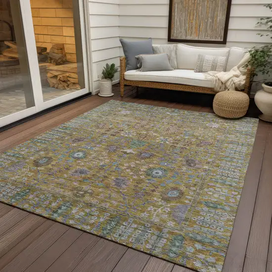 Gold And Green Floral Washable Indoor Outdoor Area Rug Photo 9