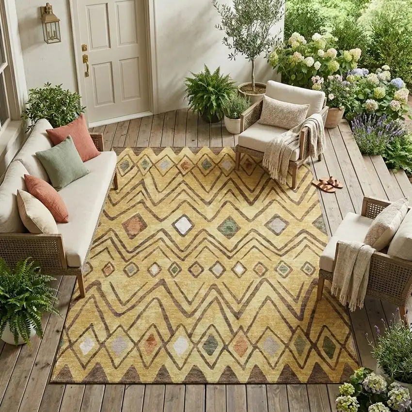 Gold And Green Geometric Washable Indoor Outdoor Area Rug Photo 1