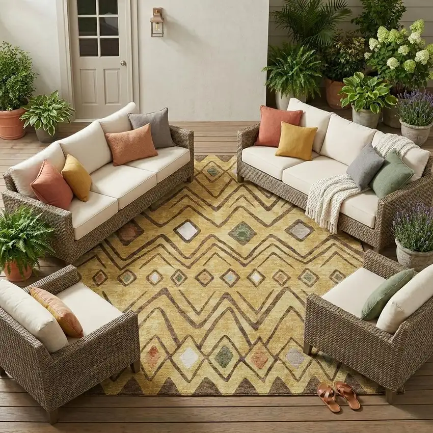 Gold And Green Geometric Washable Indoor Outdoor Area Rug Photo 1