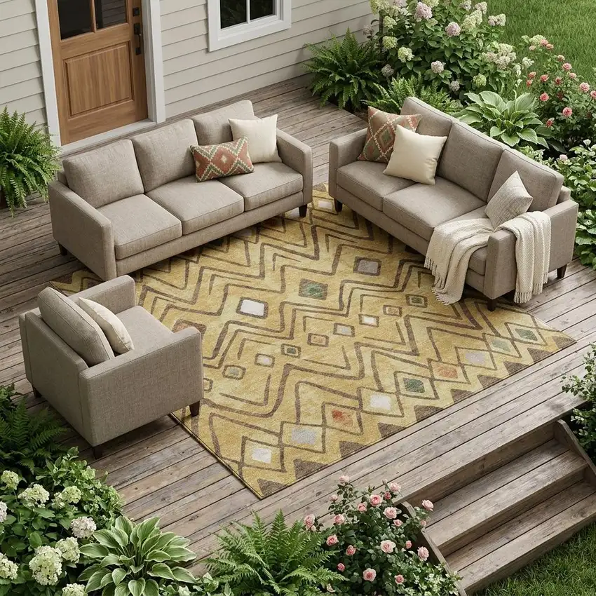 Gold And Green Geometric Washable Indoor Outdoor Area Rug Photo 1