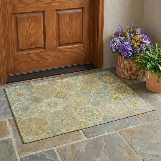 Gold And Green Patchwork Washable Indoor Outdoor Area Rug Photo 1