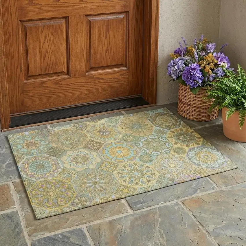 Gold And Green Patchwork Washable Indoor Outdoor Area Rug Photo 1