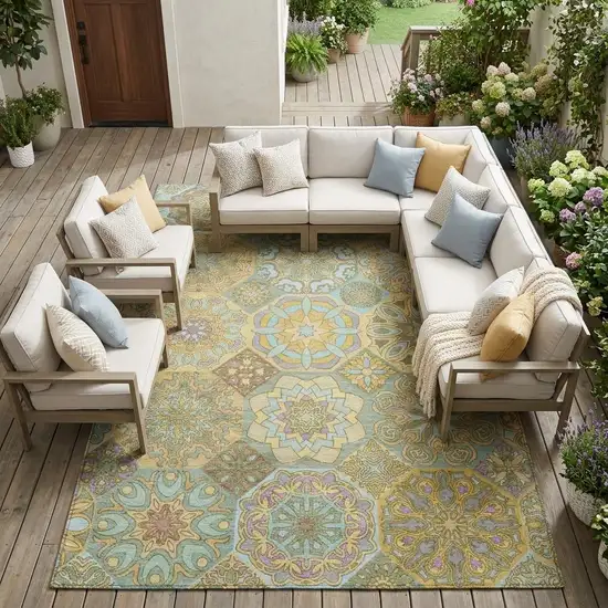 Gold And Green Patchwork Washable Indoor Outdoor Area Rug Photo 1