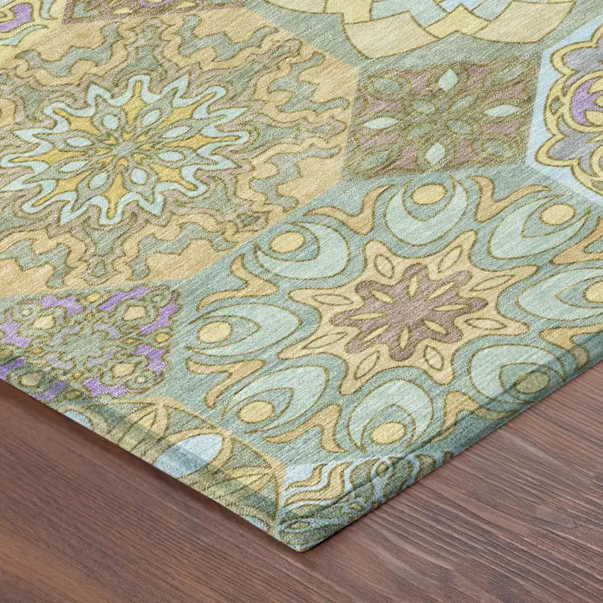 Gold And Green Patchwork Washable Indoor Outdoor Area Rug Photo 5