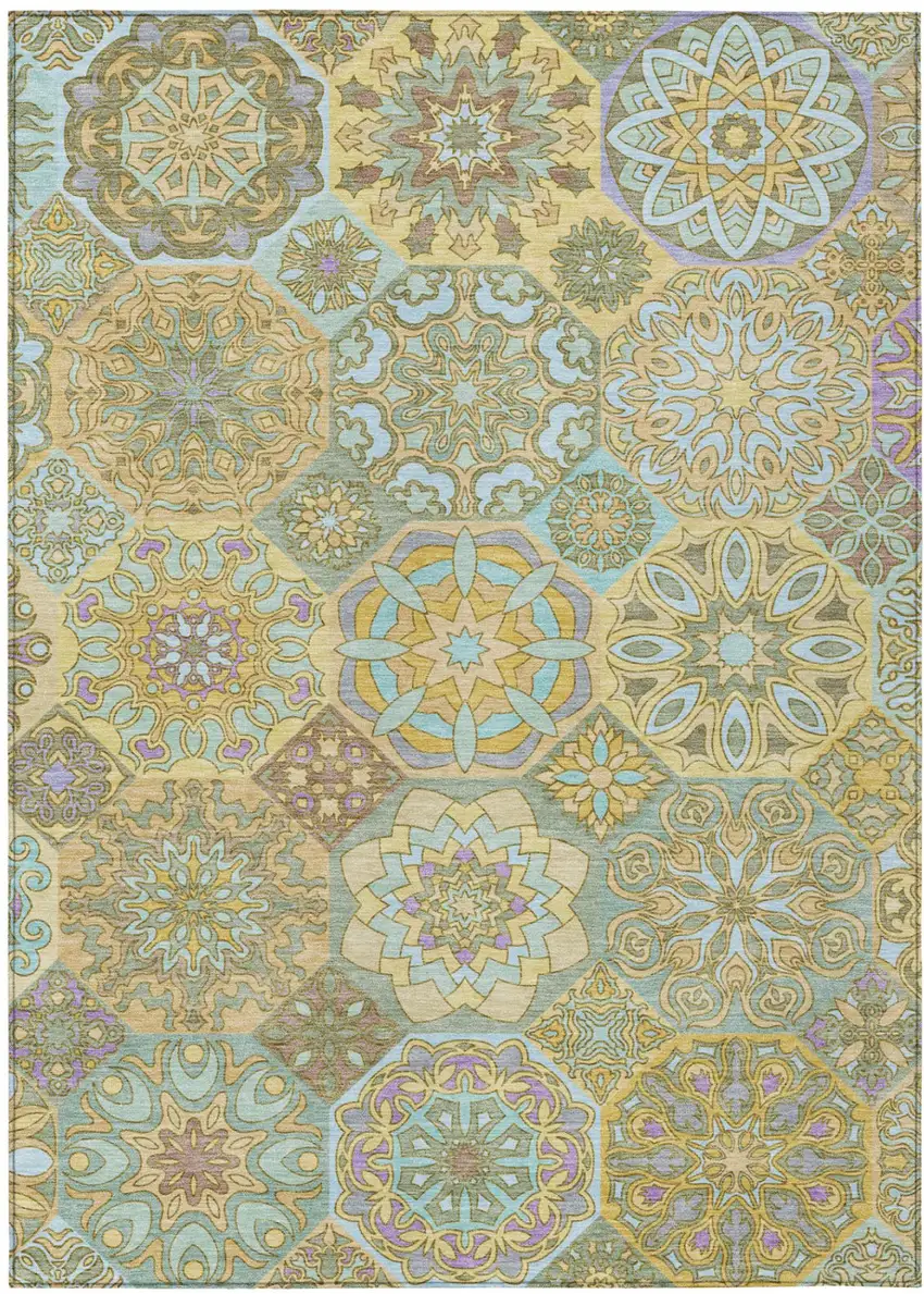 Gold And Green Patchwork Washable Indoor Outdoor Area Rug Photo 2