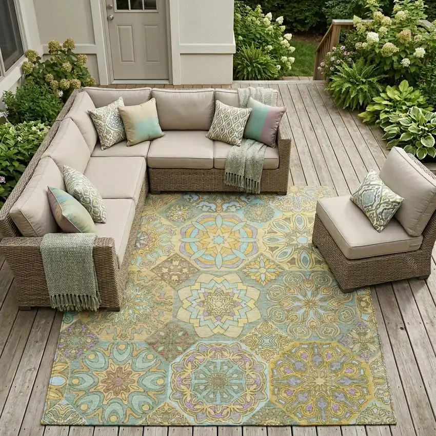 Gold And Green Patchwork Washable Indoor Outdoor Area Rug Photo 1