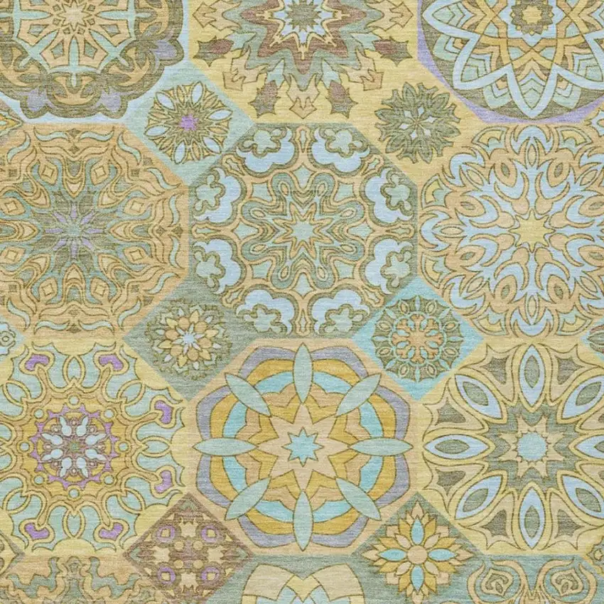 Gold And Green Patchwork Washable Indoor Outdoor Area Rug Photo 3