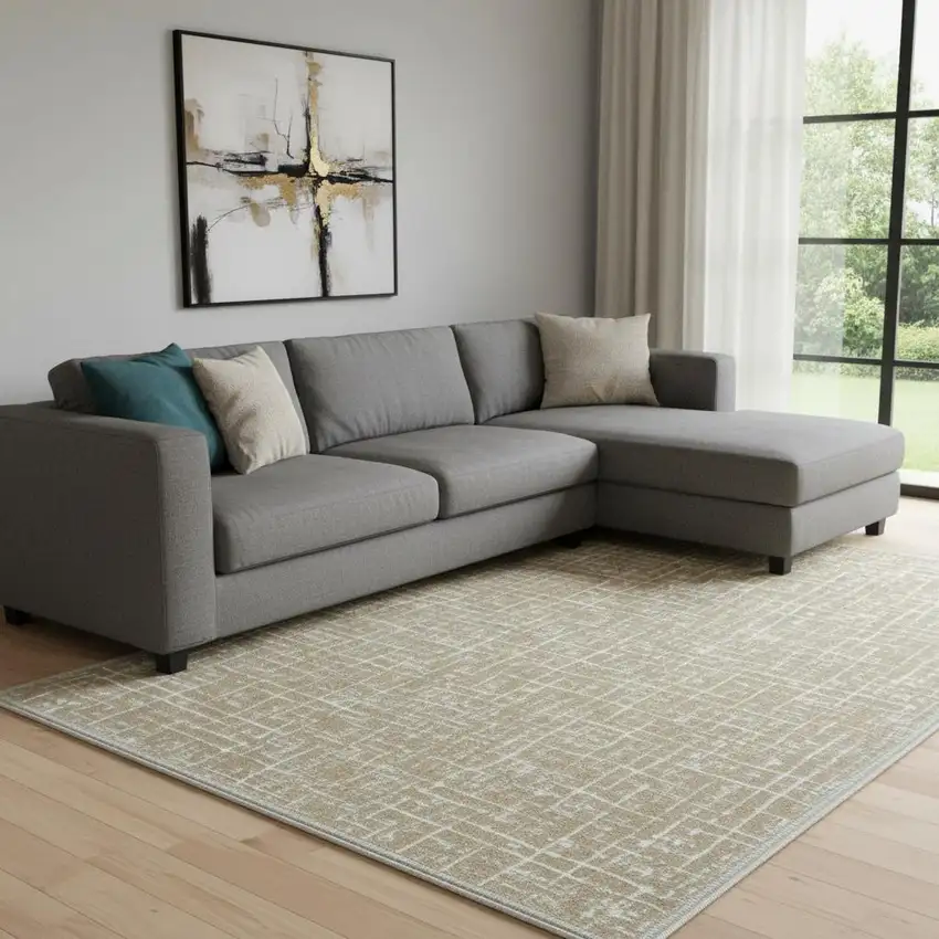 Gold And Ivory Abstract Geometric Distressed Washable Area Rug Photo 1