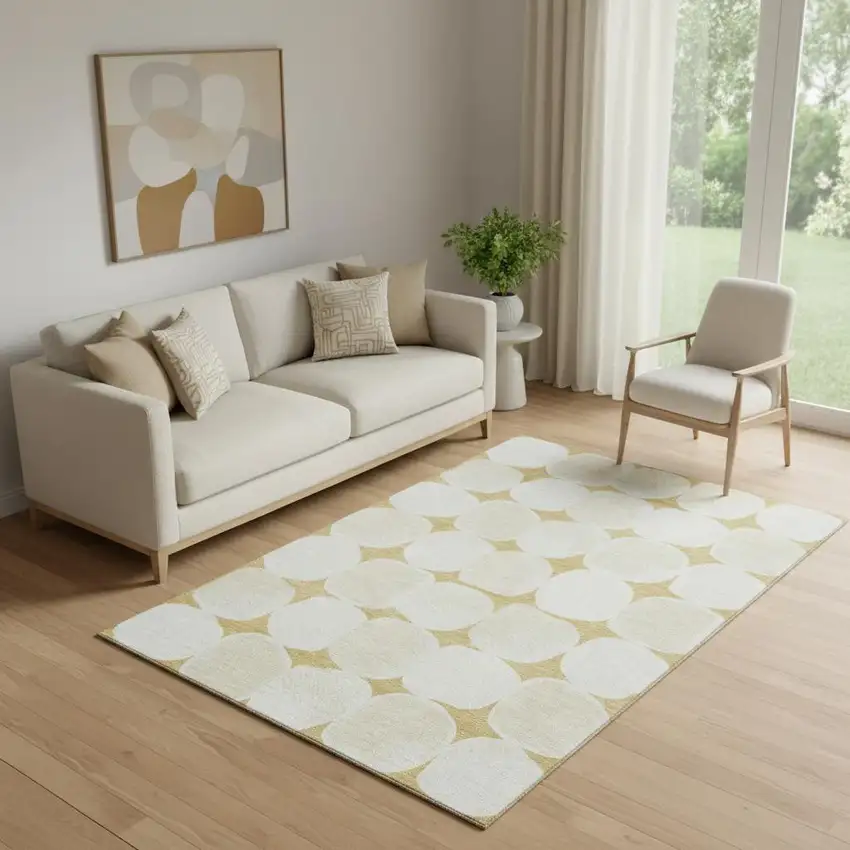 Gold And Ivory Abstract Geometric Washable Area Rug With UV Protection Photo 1