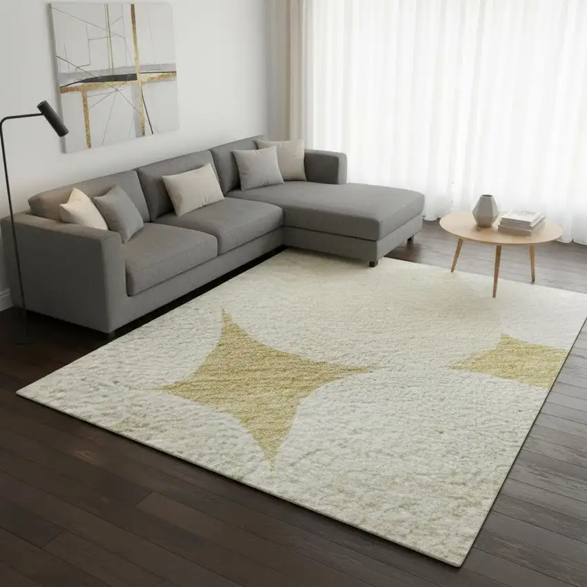 Gold And Ivory Abstract Geometric Washable Area Rug With UV Protection Photo 2