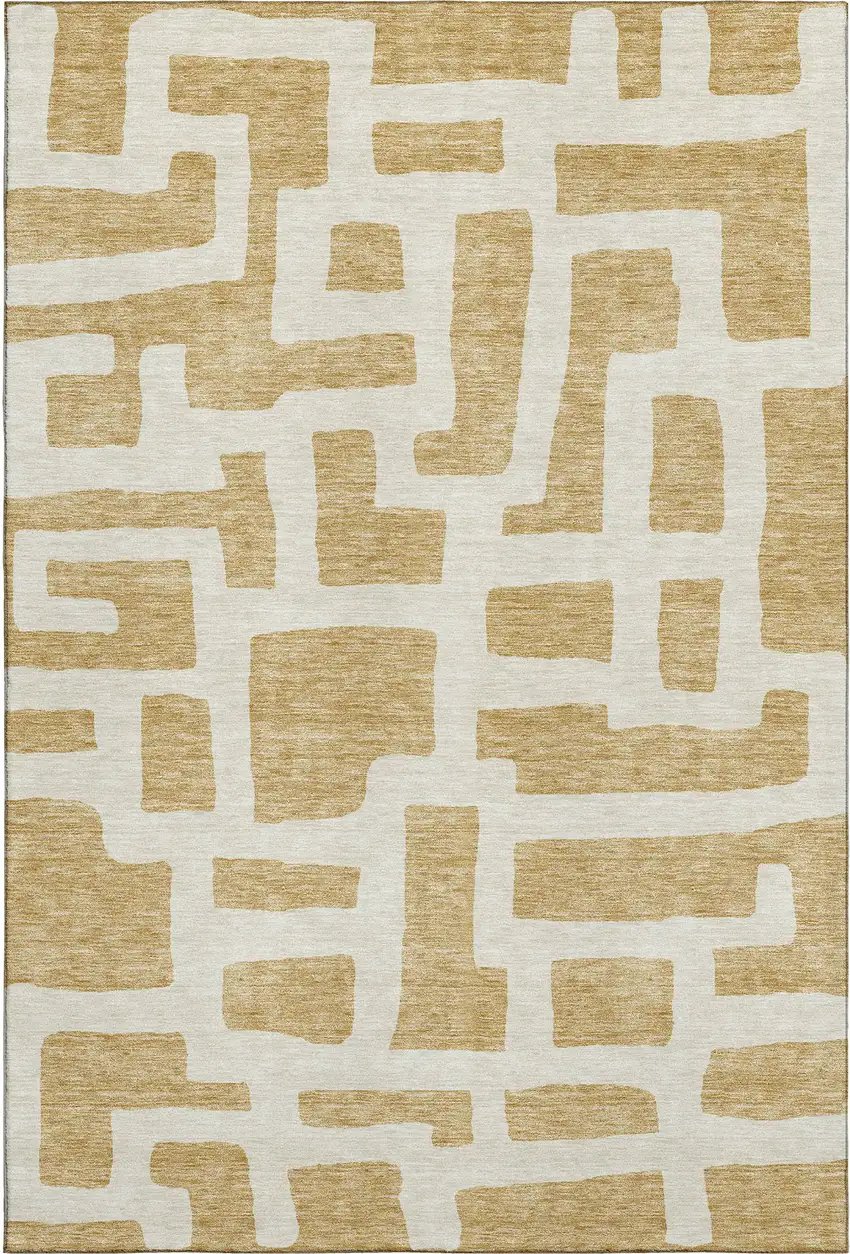 Gold And Ivory Abstract Geometric Washable Area Rug With UV Protection Photo 1