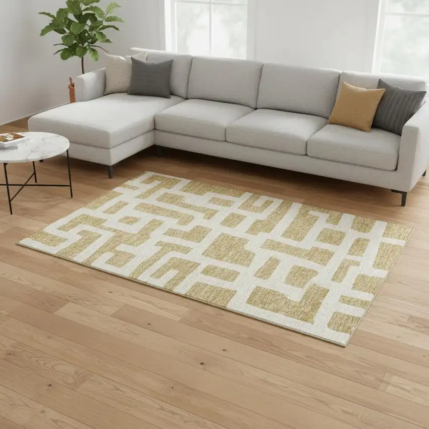 Gold And Ivory Abstract Geometric Washable Area Rug With UV Protection Photo 2