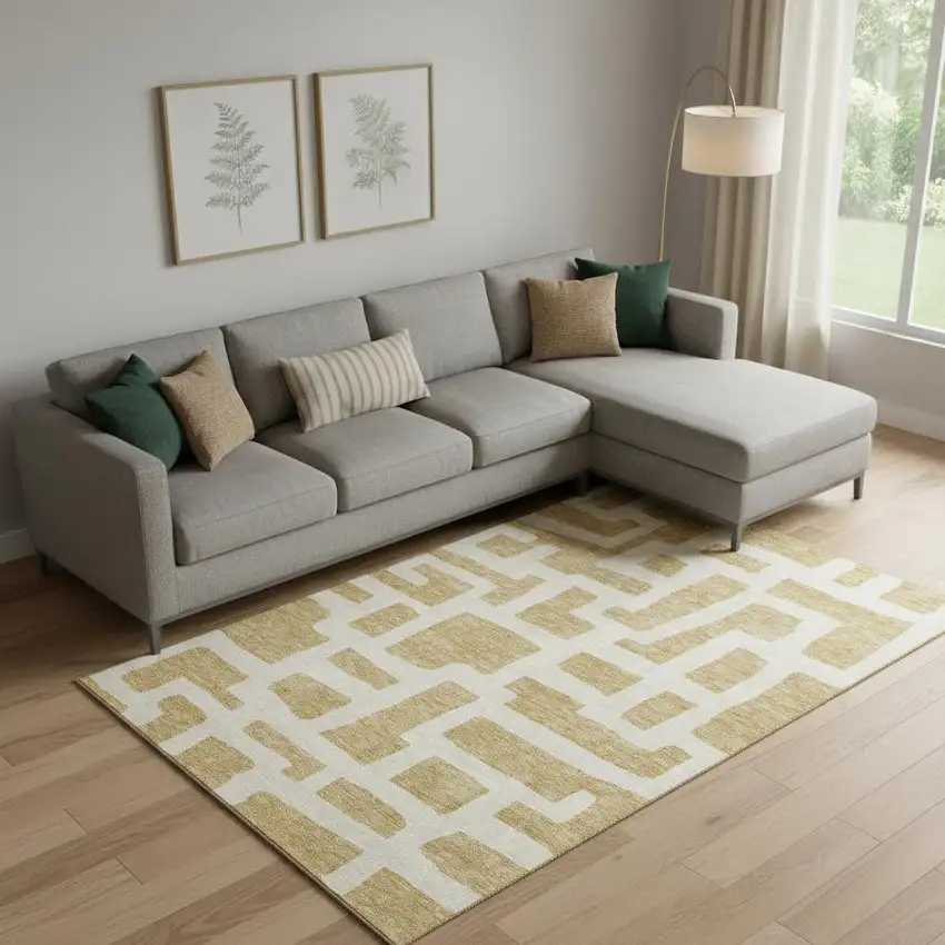 Gold And Ivory Abstract Geometric Washable Area Rug With UV Protection Photo 1