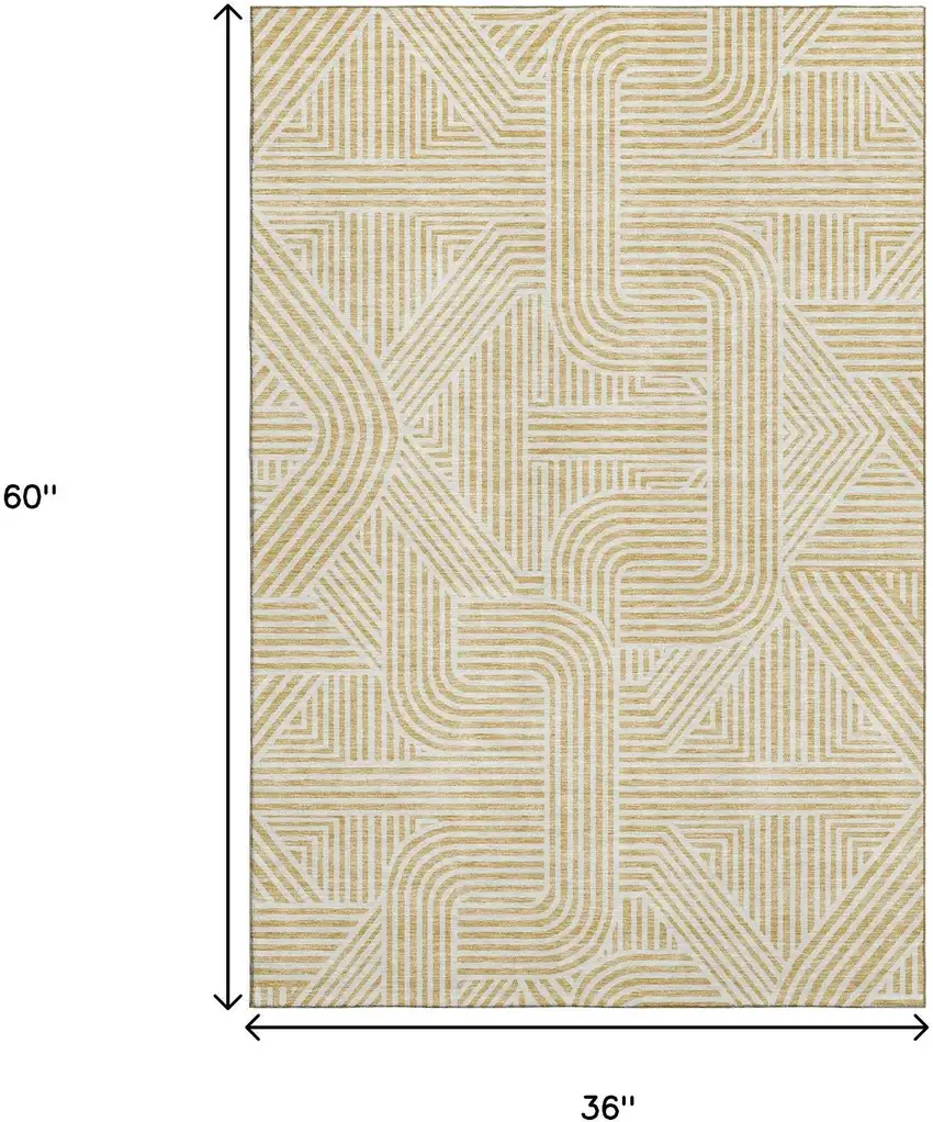 Gold And Ivory Abstract Geometric Washable Area Rug With UV Protection Photo 3