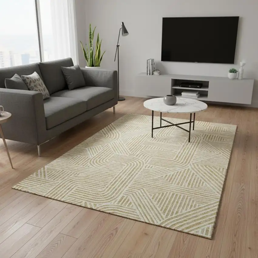 Gold And Ivory Abstract Geometric Washable Area Rug With UV Protection Photo 2