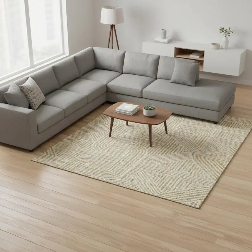 Gold And Ivory Abstract Geometric Washable Area Rug With UV Protection Photo 2