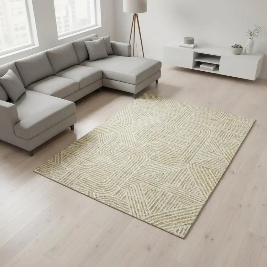 Gold And Ivory Abstract Geometric Washable Area Rug With UV Protection Photo 2