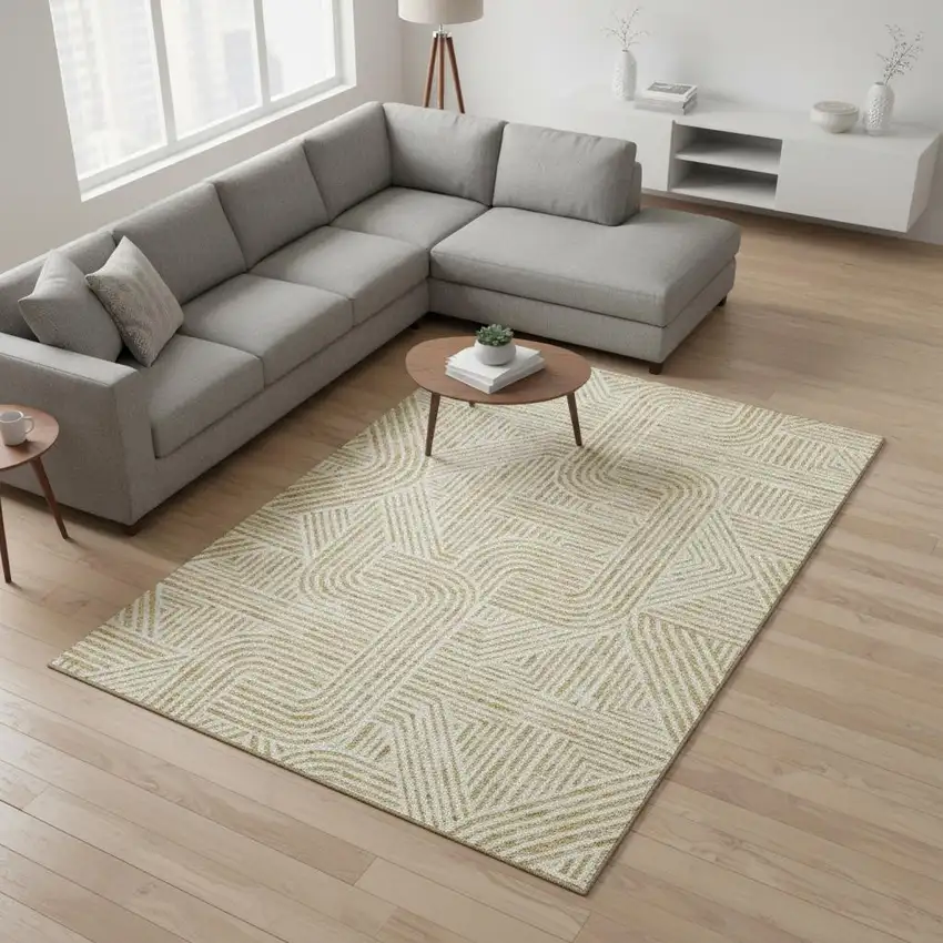 Gold And Ivory Abstract Geometric Washable Area Rug With UV Protection Photo 2