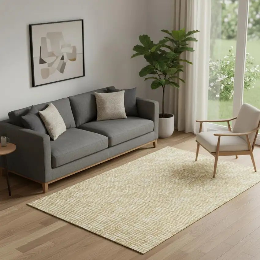 Gold And Ivory Abstract Geometric Washable Area Rug With UV Protection Photo 1